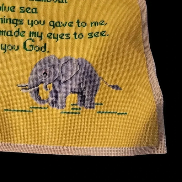 VTG Yellow Elephant Bee Tree Needlecraft Needlepoint Nursery Kids Prayer - Picture 6 of 15